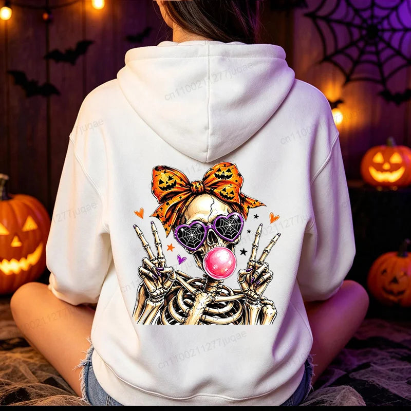 Funny Cute-Skeleton-Halloween Hoodie Skeleton Men Women Vintage Horror Graphic Pullover Sweatshirt Spooky Season Hoodies Gifts