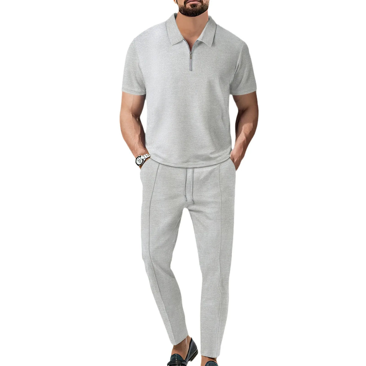Autumn New European and American Men's Solid Color Casual Comfort Set, Pants, Short Sleeves, Zipper Set