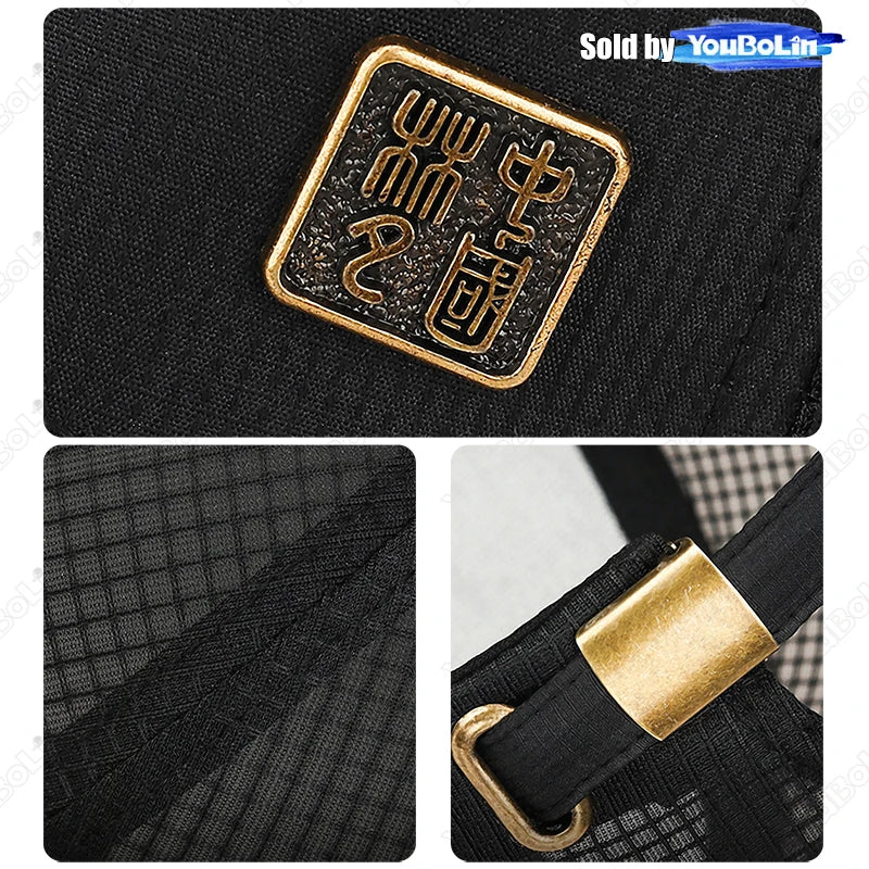 New Unisex Hard-Top Chinese Style Metal Label Mesh Baseball Cap Classic Outdoor Casual Sports Sun Hat Trucker Hats Dad Caps