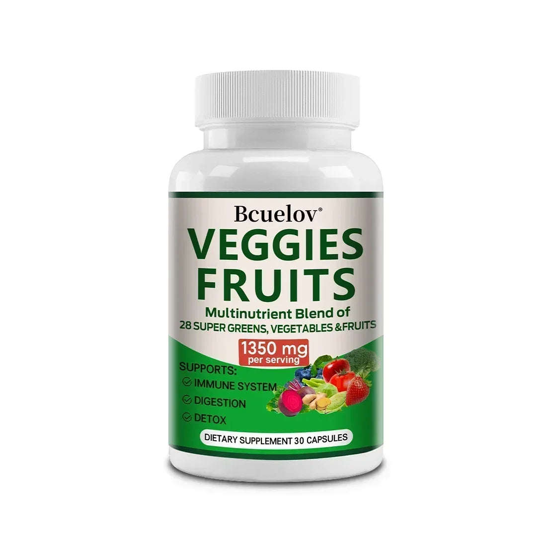 1350mg Fruit and Vegetable Supplement - 28 Complex Nutrients - Boosts Digestion, Detoxification, and Immune Support