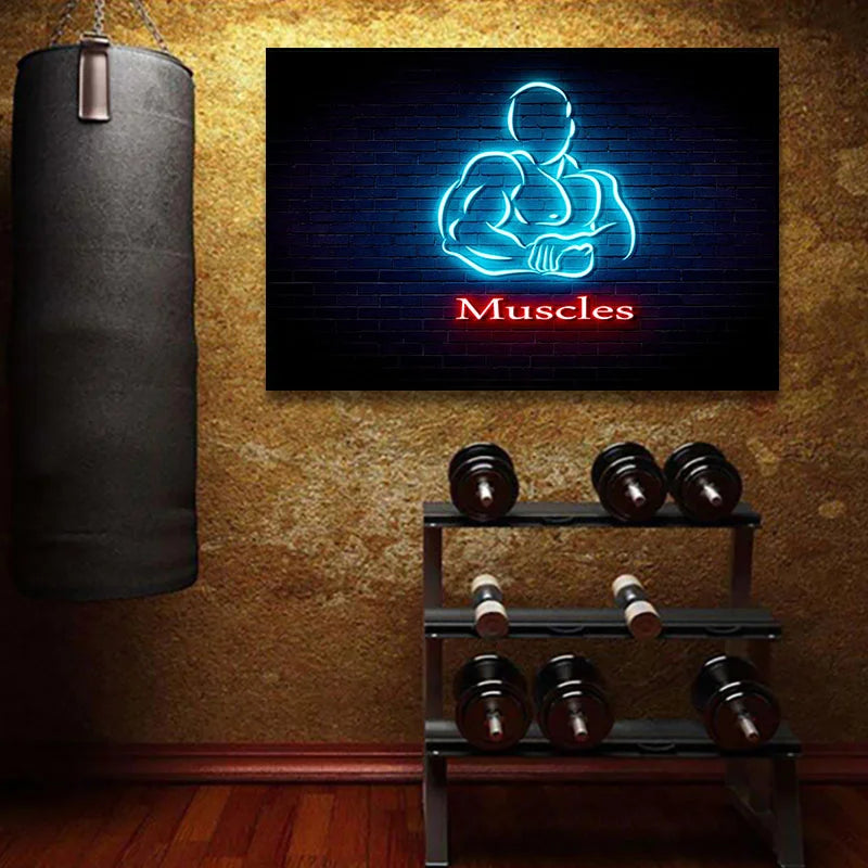 Modern Fitness Body Motivation Neon Design Canvas Posters GYM Body Pop Wall Art Simply Fitness Power Print Art GYM Decor Mural