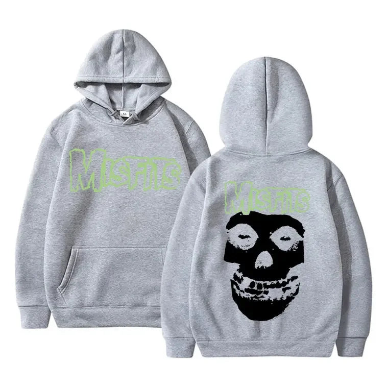 2025 Horror Punk Misfits Skull Graphic Print Hoodie Men Gothic Vintage Loose Fleece Cotton Hooded Sweatshirt Rock Style Pullover
