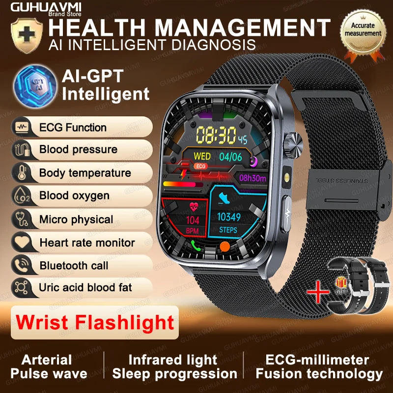 New Accurate Blood Pressure Smart Watch Uric Acid ECG+PPG Blood Oxygen Body Analysis Body Fat LED Flashlight smart watches 2025