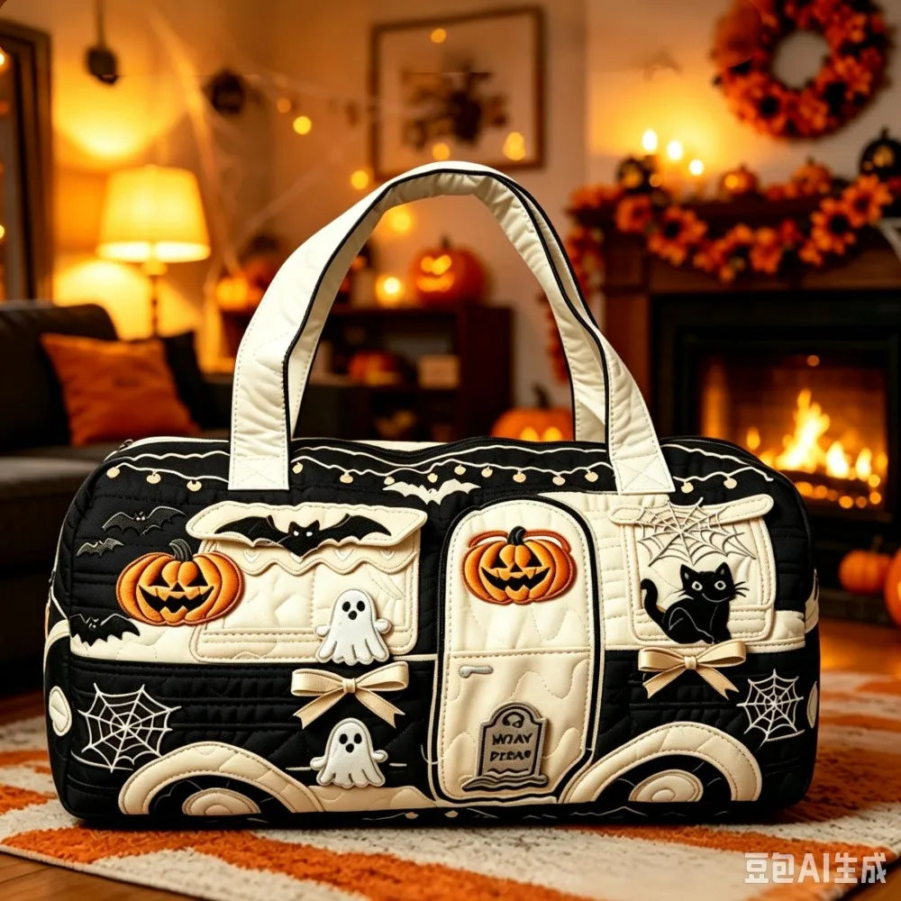 Halloween Quilted Women's Bus Pumpkin Bat Printed Handbag Valentine's Day Gift Multifunctional Fitness Bag Short Trip Bag
