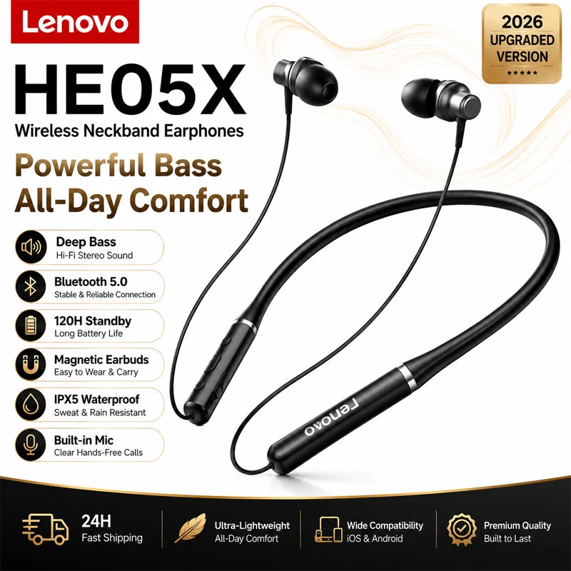 Original Lenovo HE05X Bluetooth 5.0 Sports Neckband Earphones HiFi Stereo Sound Music Headphone Long Battery Life HD Call Earbud
