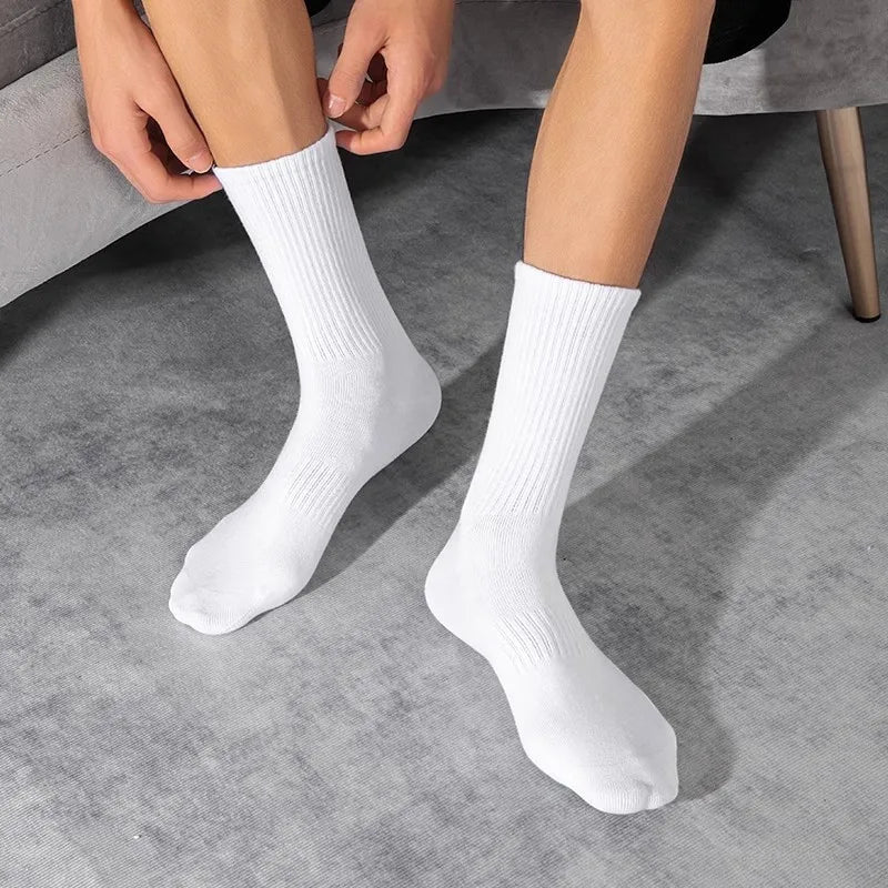 5 Pairs/lot Pure Cotton Men's High Socks Classic Black White Breathable Sweat-Absorbent Women's Autumn Warm Elastic Sports Socks