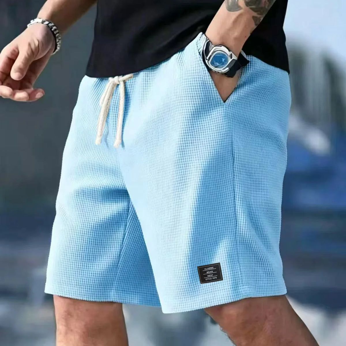 2026 Summer Men's Waffle Texture Casual Sports Beach Shorts Quick Dry Trendy Breathable Bermuda Shorts Streetwear  ﻿