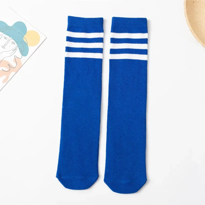28cm Kids Soccer Socks Three Stripes Knee High Socks Cotton Sports Socks Toddler Boys Girls Uniform Tube Socks