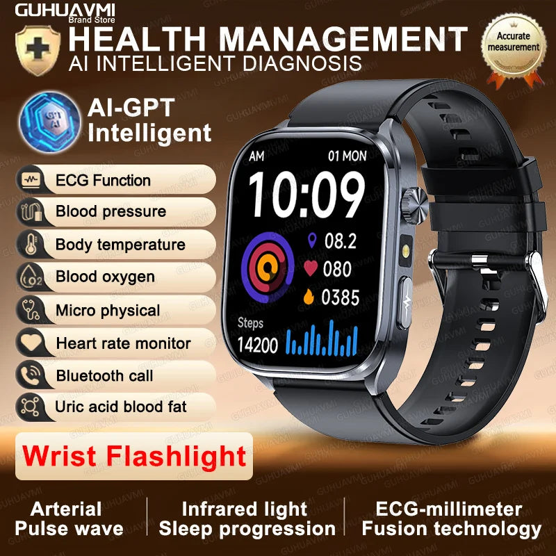 New Accurate Blood Pressure Smart Watch Uric Acid ECG+PPG Blood Oxygen Body Analysis Body Fat LED Flashlight smart watches 2025