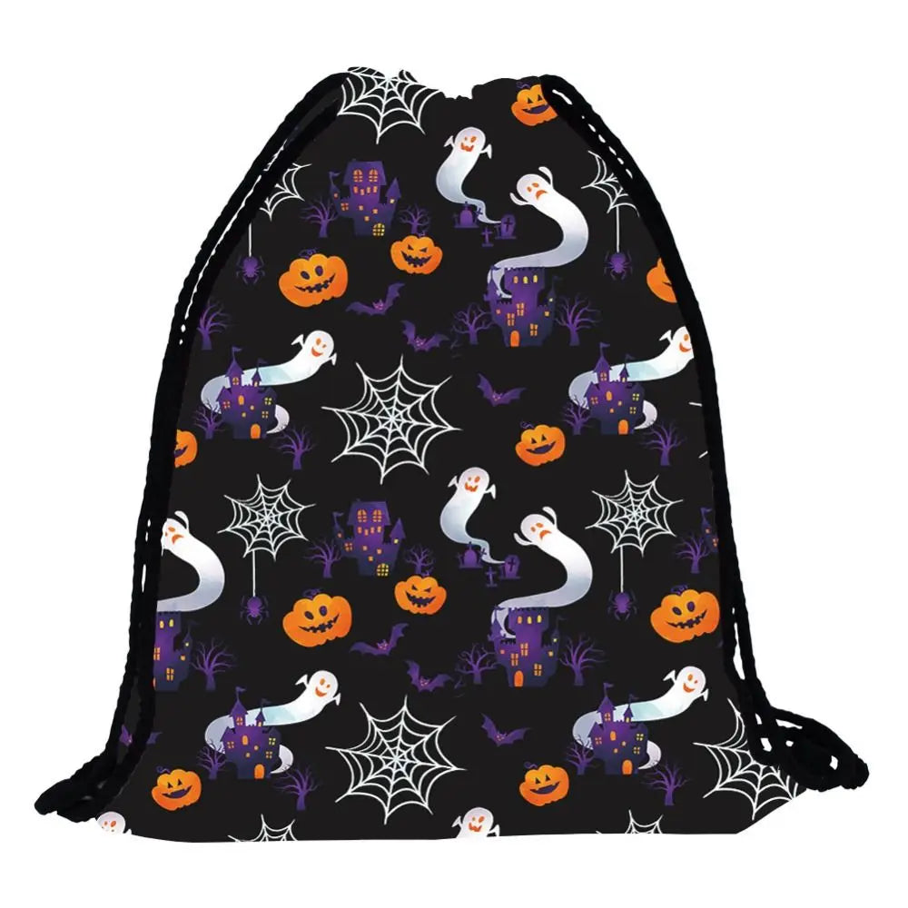 Practical Creative Drawstring Bag Portable Cartoon Pumpkin Halloween Backpacks Polyester Foldable Sports Gym Sack Travel Storage