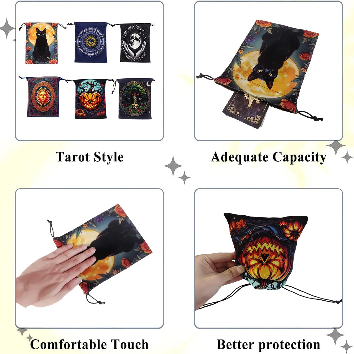 Velvet Witch Cat  Tarot Card Bag With Halloween Pumpkin Drawstring Pouch For Divination Jewelry Astrology Dice Accessories Bag