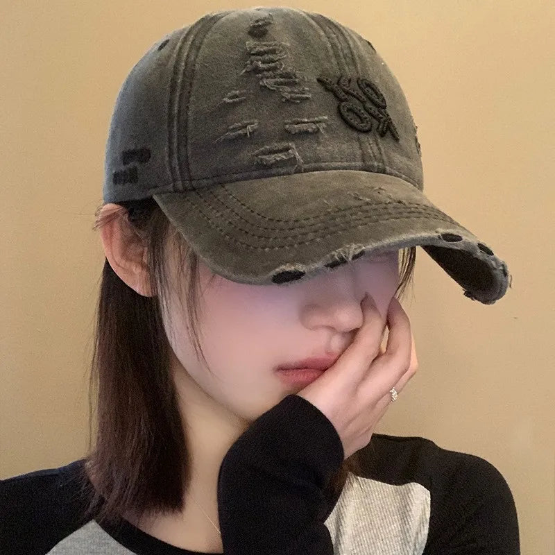 Hip Hop Unisex Baseball Cap Punk Holes Washed Cotton Snapback Peaked Hat Solid Color Street Visors Dad Trucker Letters Cap