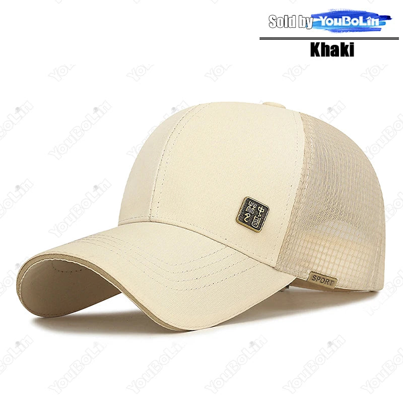 New Unisex Hard-Top Chinese Style Metal Label Mesh Baseball Cap Classic Outdoor Casual Sports Sun Hat Trucker Hats Dad Caps