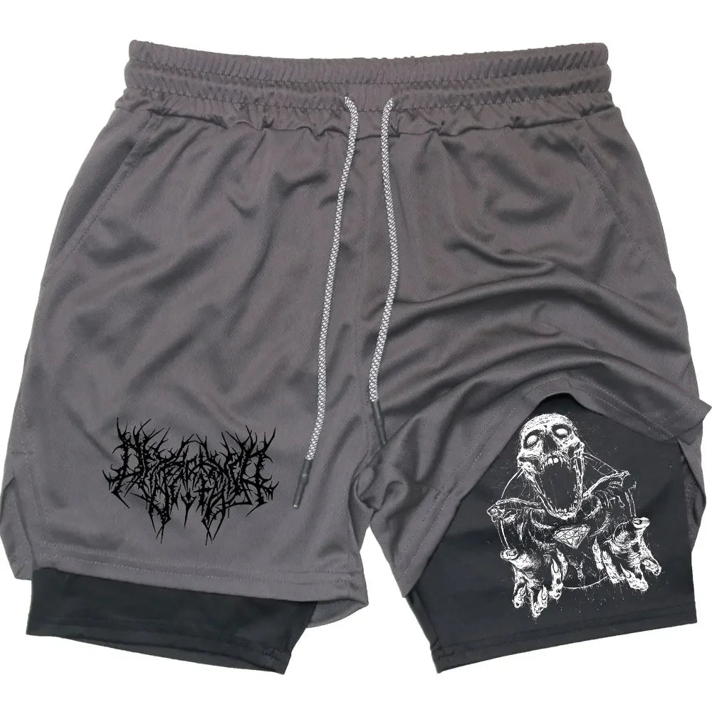 Y2K Performance Shorts Men Quick-drying Fitness Skull Print Double Layer Shorts Workout Training Running Bodybuilding Sportwear
