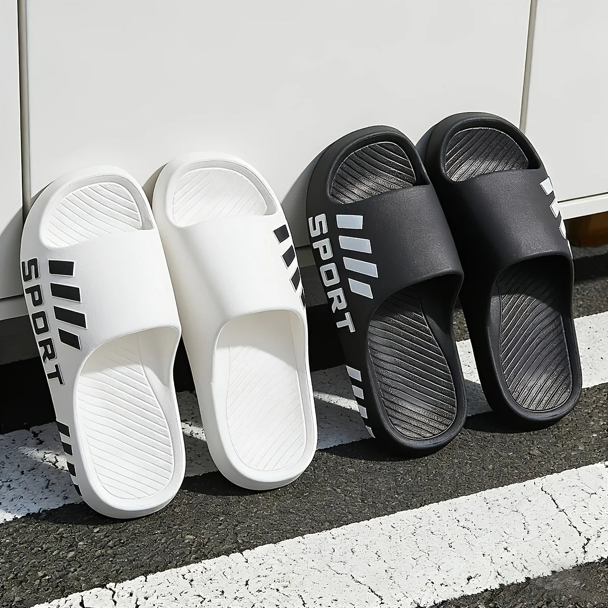 Men Sport Letter Print EVA Slides Striped Decor Non Slip Soft Thick Sole Indoor Outdoor Slippers