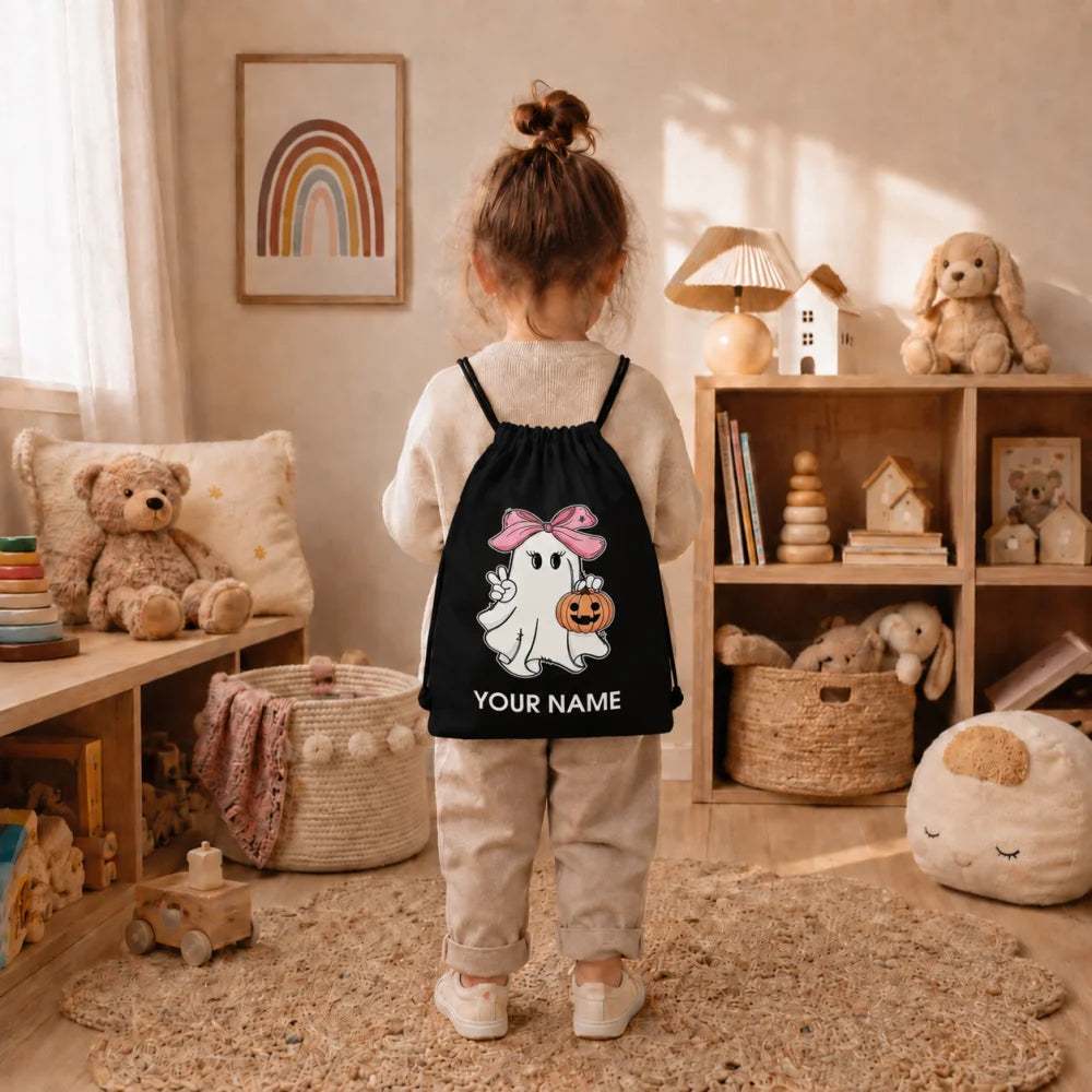 Personalized Name Halloween Ghost Drawstring Bag Bow Pumpkin Kids Trick Or Treat Sack Backpack 34x41cm