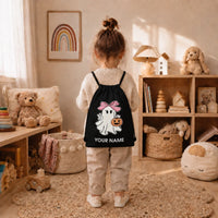 Personalized Name Halloween Ghost Drawstring Bag Bow Pumpkin Kids Trick Or Treat Sack Backpack 34x41cm