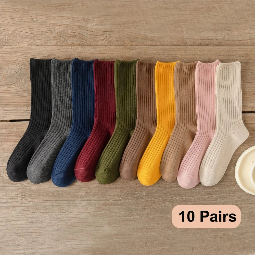 10Pairs Retro Women Cotton Loose Socks Autumn Winter Knitting Solid Color Long Black Korean Japanese Student Girls