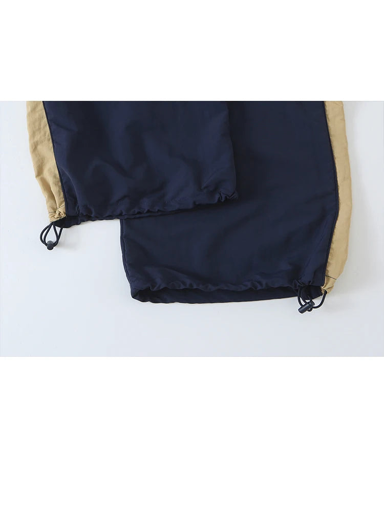 HH Casual Women's Patchwork Nylon Tracksuit Spring Autumn High Neck Drawstring Waist Loose Jacket+Side-striped Trousers