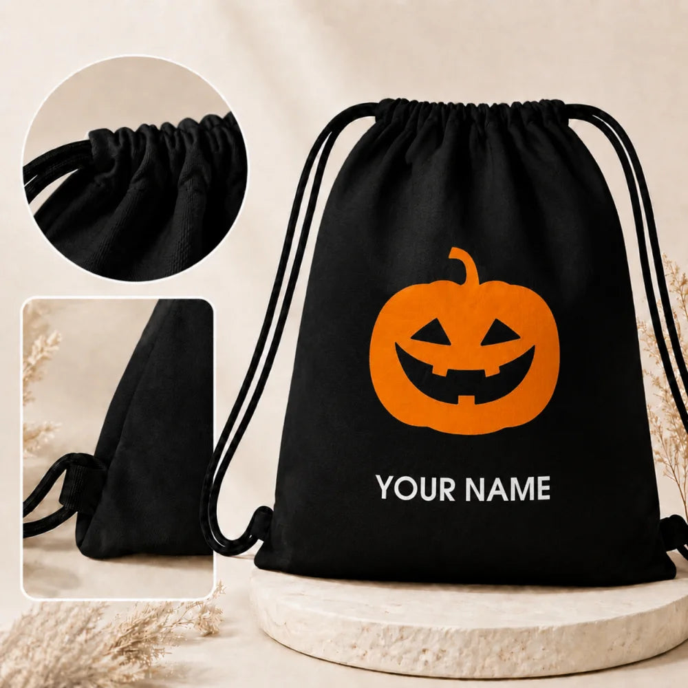 Kids Personalized Halloween Drawstring Backpack Trick Or Treat Candy Corn Custom Name Festival Sack Bag 34x41cm