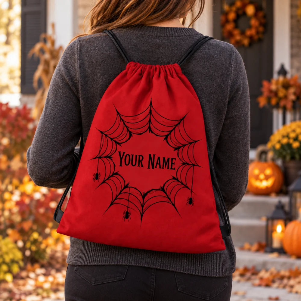 Halloween Trick Or Treat Drawstring Backpack, Personalized Custom Name Spider Web Print Sack, Lightweight Candy Carry Bag