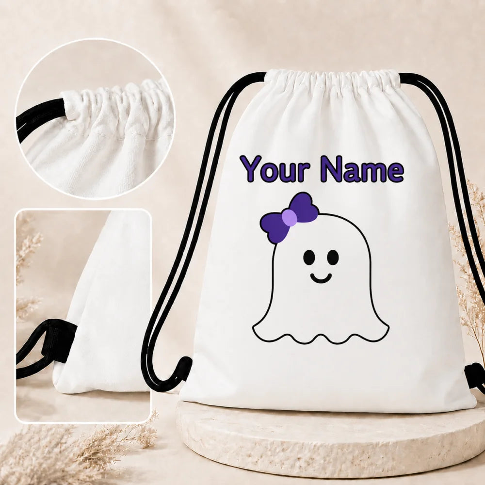 1pc Custom Name Halloween Cute Ghost Drawstring Backpack, Personalized Print String Storage Bag for Kids Gym Trick Or Treat Gift