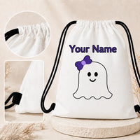 1pc Custom Name Halloween Cute Ghost Drawstring Backpack, Personalized Print String Storage Bag for Kids Gym Trick Or Treat Gift