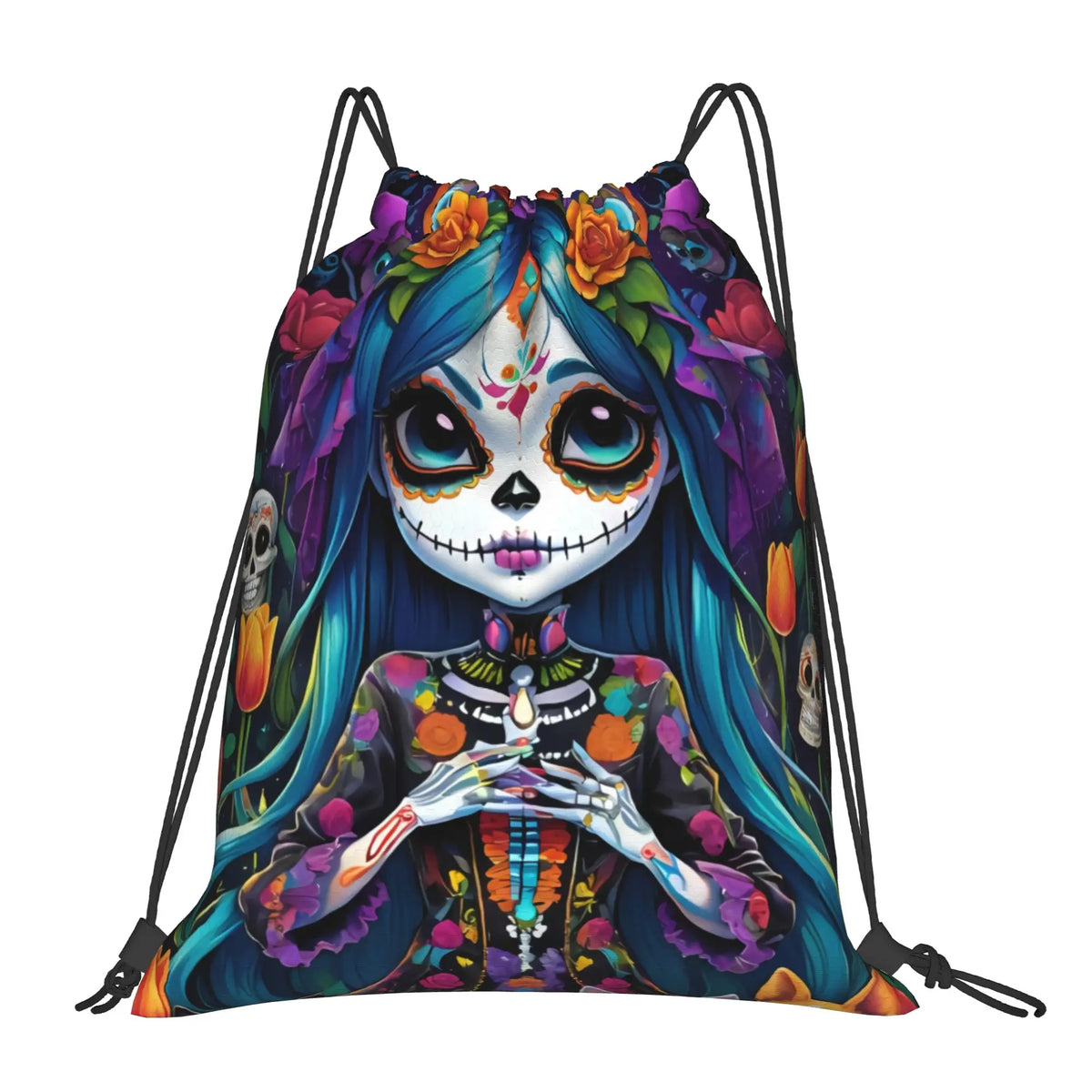 Custom Day of the Dead Gift Skeleton Girl Halloween Drawstring Bag for Shopping Yoga Backpacks Men Women  Sports Gym Sackpack
