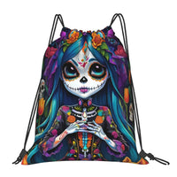 Custom Day of the Dead Gift Skeleton Girl Halloween Drawstring Bag for Shopping Yoga Backpacks Men Women  Sports Gym Sackpack