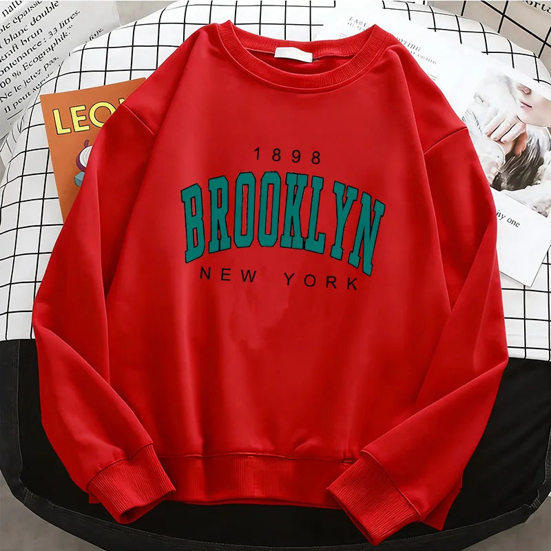 Womens Hoodies Fashion Y2k 1898 BROOKLYN NEW YORK  Fleece Sweatshirt Soft Casual O-Neck Pullover Casual Female Clothes