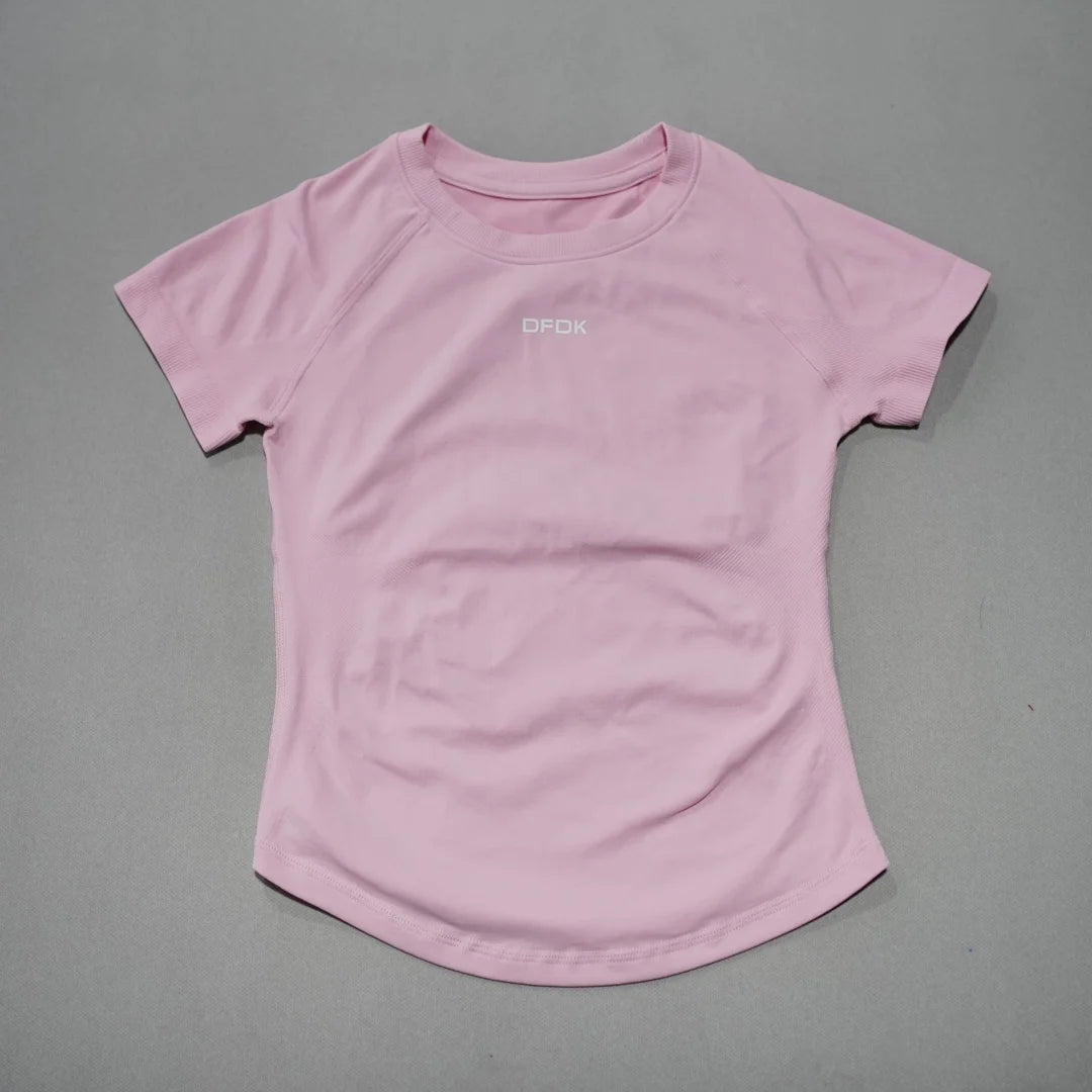 DFDK Women Breathable Sports T Shirt Short Sleeve Round Neck Elastic Casual Tops For Gym Yoga Running Fitness