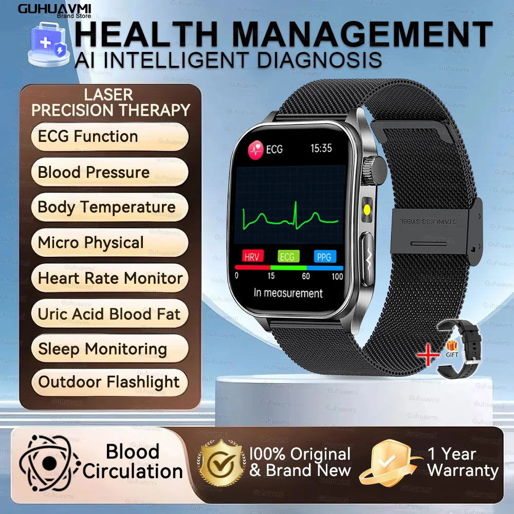 2026 New Health Smart Watch Laser Therapy Reduce Three Highs Blood Oxygen Pressure Uric Acid Blood Lipid ECG Smartwatch For Man