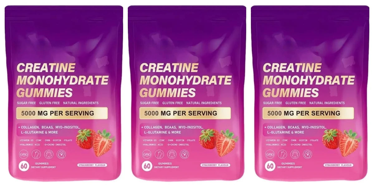Creatine Monohydrate Gummies 60 Count with Collagen, Biotin, Vitamin D3 & Hyaluronic Acid for Daily Pre & Post Workout Recovery
