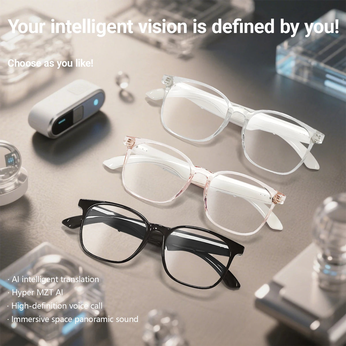 Smart AI Translation Wireless Glasses, Casual Touch Operation, Built-in Speaker, Stylish for Outdoor Cycling and Work