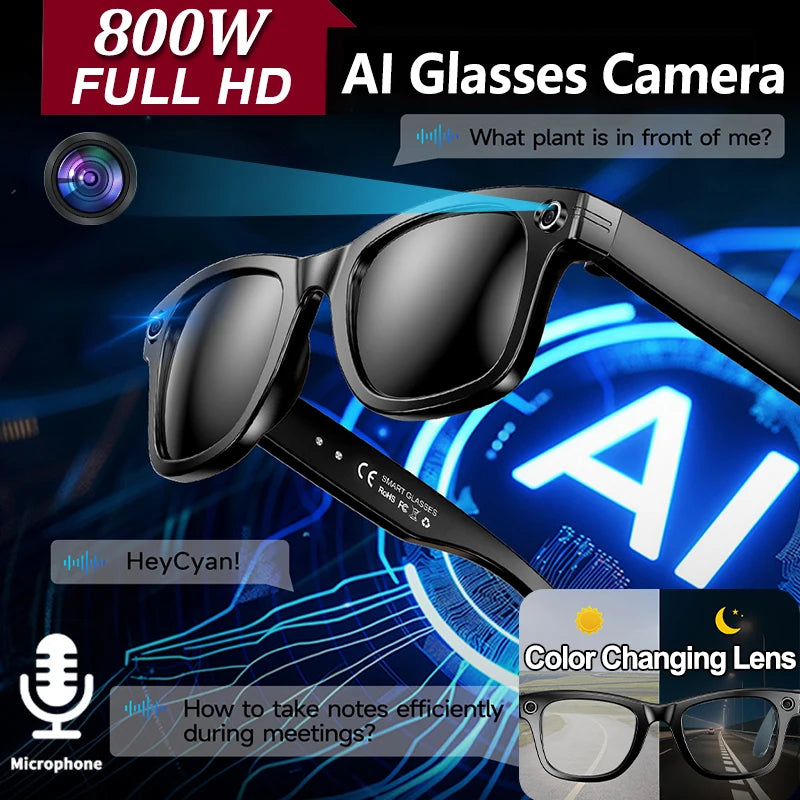 LIGE AI Smart Glasses with Camera Music Video Bluetooth Call Glasses Man 270mAh Voice Assistant Music Sunglasses for Android iOS