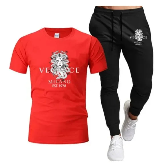Men's Printed Fitness Tshirt and Pants Set, Urban Tracksuit, Men's Running Wear, Intel Suit