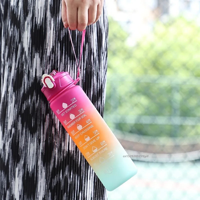 1pc Gradient Sports Water Bottle with Straw & Time Marker for Outdoor Fitness Hiking & Gym Leakproof Travel Water Bottle