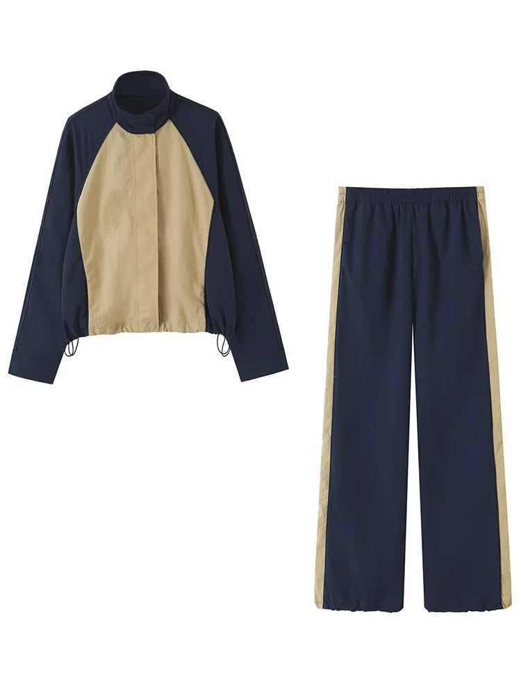 HH Casual Women's Patchwork Nylon Tracksuit Spring Autumn High Neck Drawstring Waist Loose Jacket+Side-striped Trousers