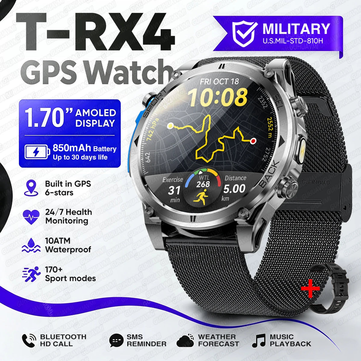2026New Military T-RX4 Built in GPS Outdoor Smart Watch 10ATM Waterproof Compass  850mAh Battery 1.7”AMOLED Sports Fitness Clock