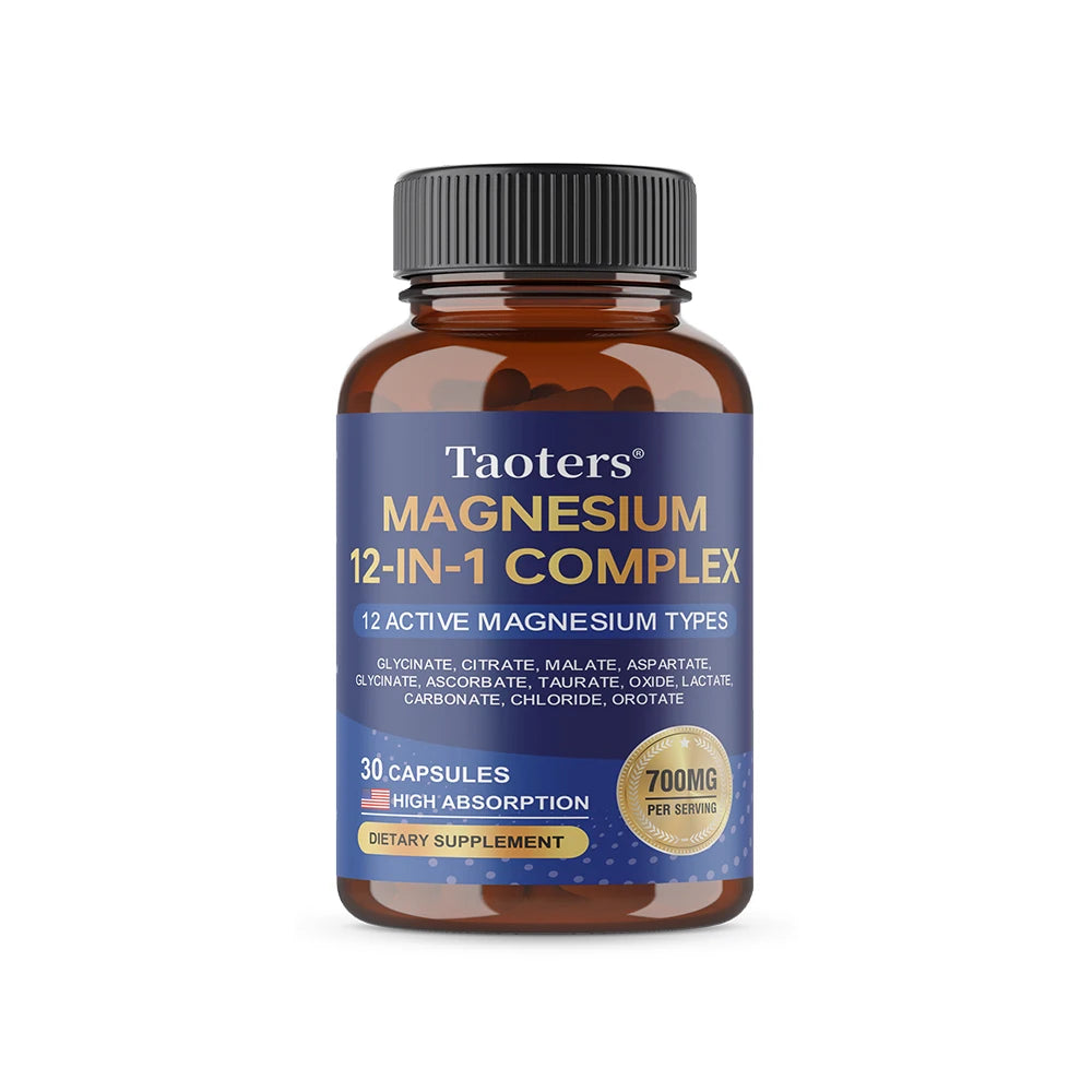 Magnesium 12-in-1 Complex Supplement – 700mg High Absorption Glycinate, Citrate, Malate & Taurate Blend for Muscle, Nerve, Sleep