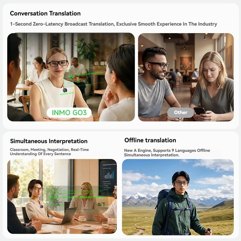 INMO GO3 AI Smart Glasses 261 Languages Real-Time Translation AR Display 8mm Temple Magnetic Swappable Battery Speaker Ring