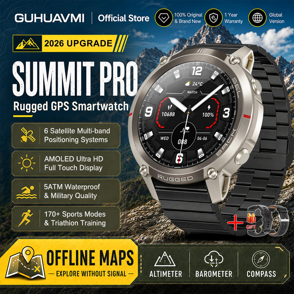 2026 New Google Maps Smart Watch GPS Route Tracking Offline Map Compass Fitness Tracker BT Call Rugged Outdoor HD Smartwatch Men