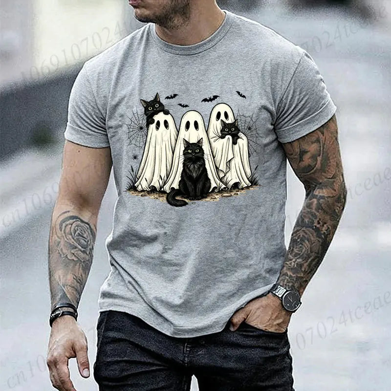Retro Halloween Ghost & Black Cat Graphic T‑Shirt Men Women Spooky Ghost Cats Bat Spider Print Short Sleeve Holiday Party Tops