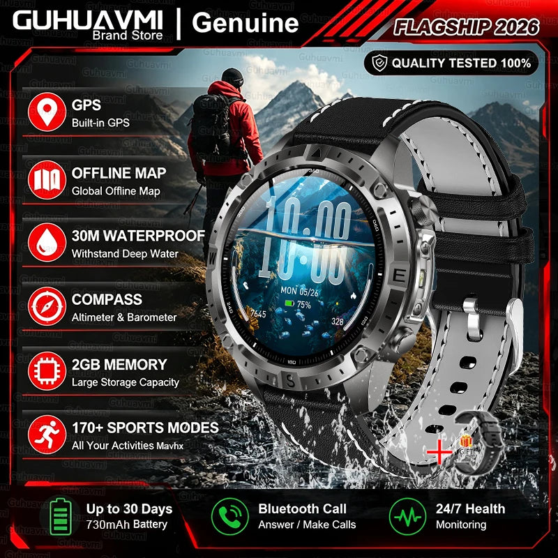 2026New Military Built-in GPS Offline Map Smart Watch AMOLED HD BT Call Compass Flashlight 3ATM Waterproof Men Sports Smartwatch