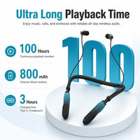 Bluetooth Earphones Wireless In-Ear Sport Headset, 100H Playtime, 800mAh Battery, Built-in Mic, Type-C Charging, Neckband Design