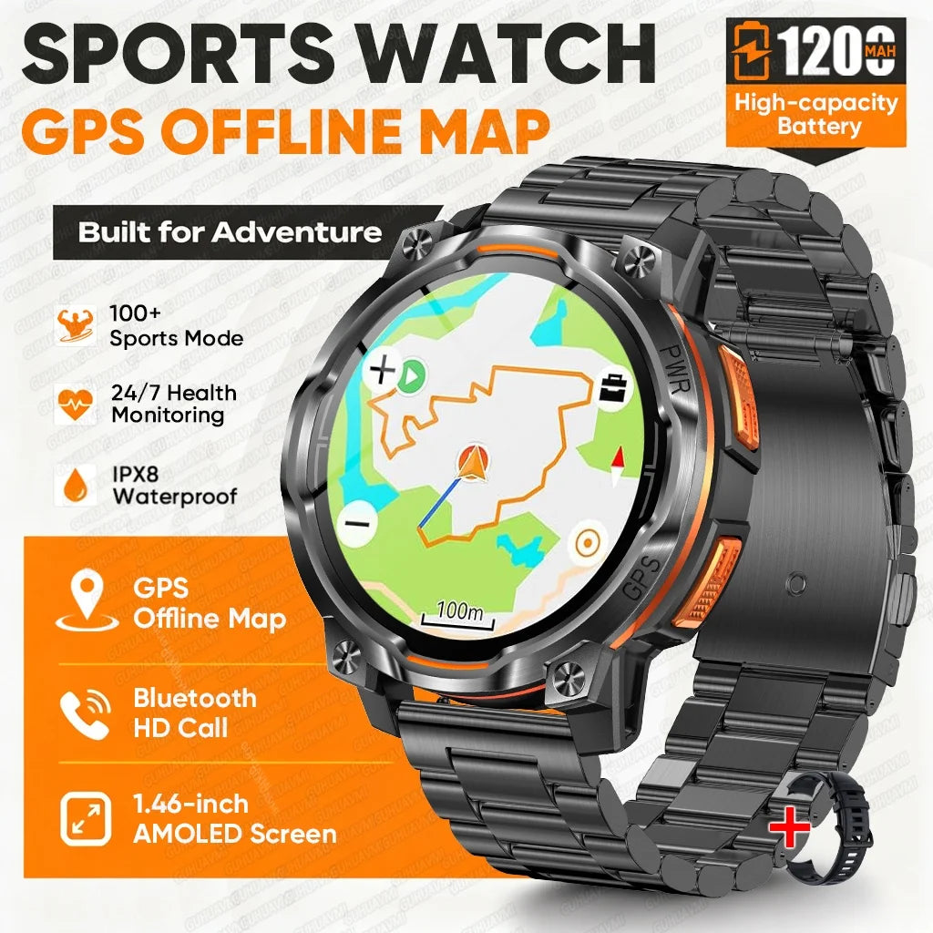 2026 New GPS Offline Map Smart Watch Men 1200mAh Battery IPX8 Waterproof Compass Altimeter  Flashlight Bluetooth Call Smartwatch