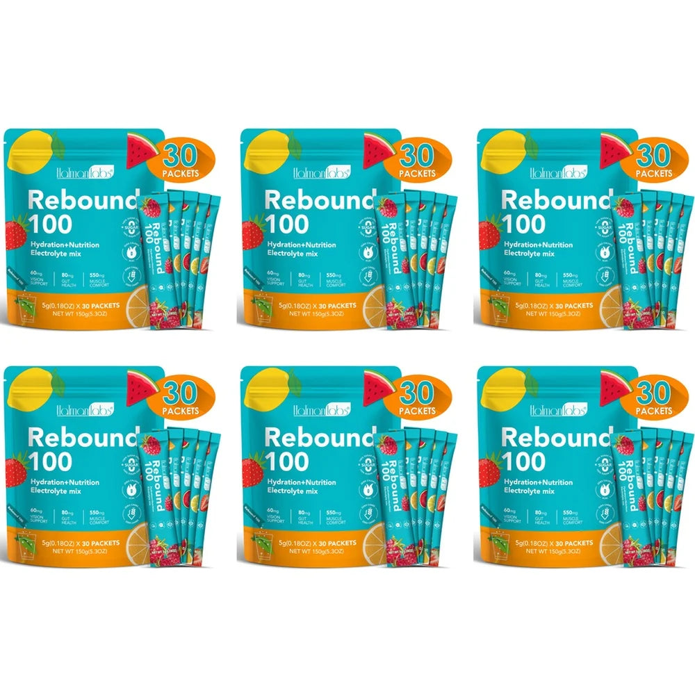 HalmanLabs Rebound 100 Electrolyte Mix Powder Packets Vitamins C B6 B12 Lutein For Hydration Gut Vision Muscle Adult 30 Count
