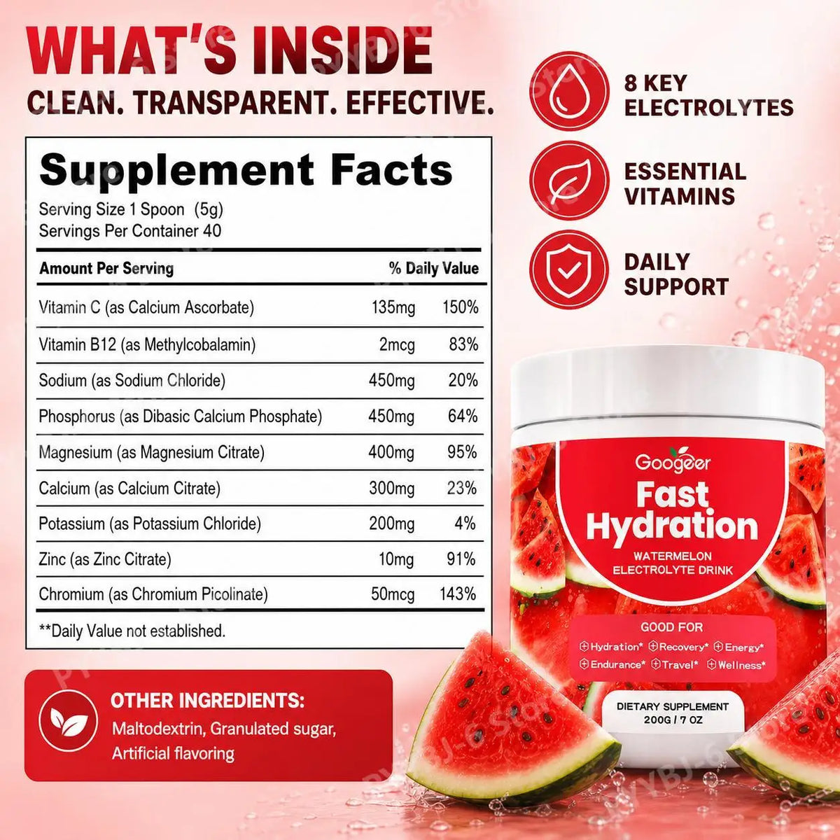 Googeer Watermelon Electrolyte Drink Powder for Post-Workout Recovery, Hydration Support, Daily Energy Levels and Endurance 200g