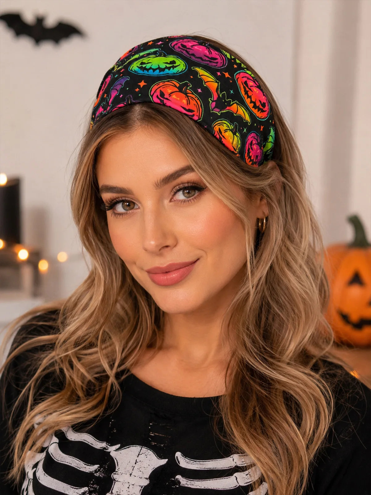 Halloween Cosplay Costume Headband Skeleton Print Yoga Fitness Party Wide Hairband Stretchy Headwrap Hair Accessory Headwear