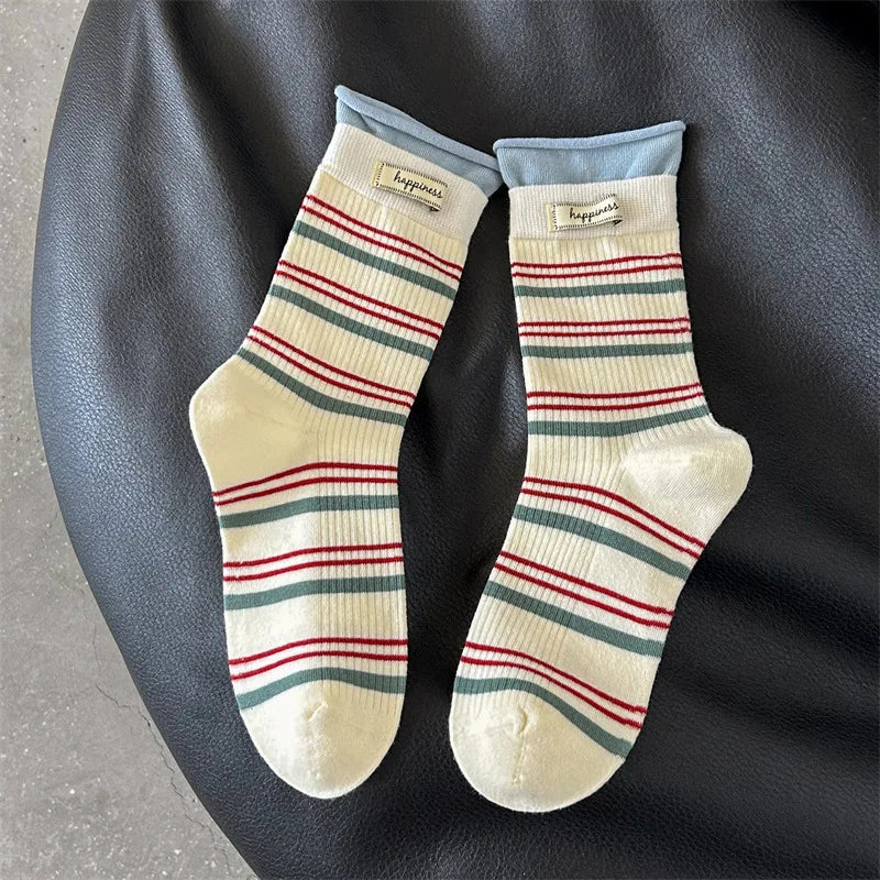 5 Pairs Women's Socks Pack High-quality Pile Socks For Girl Korean Striped Simple Fashionable Versatile Sweet Middle Tube Socks